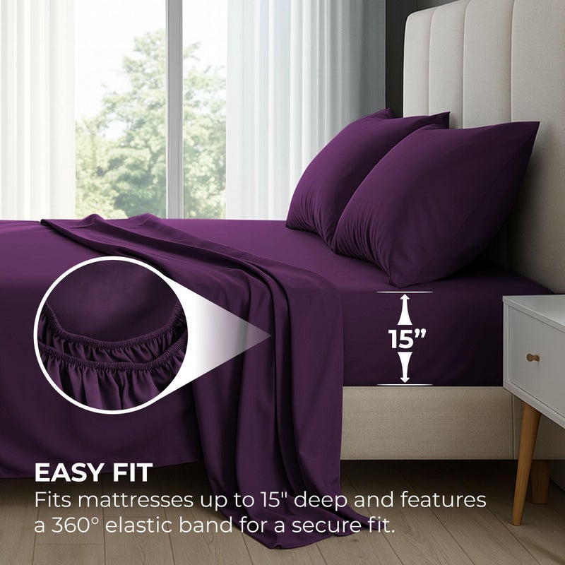 Pure Bedding Twin Sheet Set - 1800 Ultra-Soft Microfiber Bed Sheets - Double Brushed - Deep Pockets - Easy Fit - Extra Soft - 3 Piece Set - Bedding Sheets & Pillowcases (Twin, Purple) - Image 2